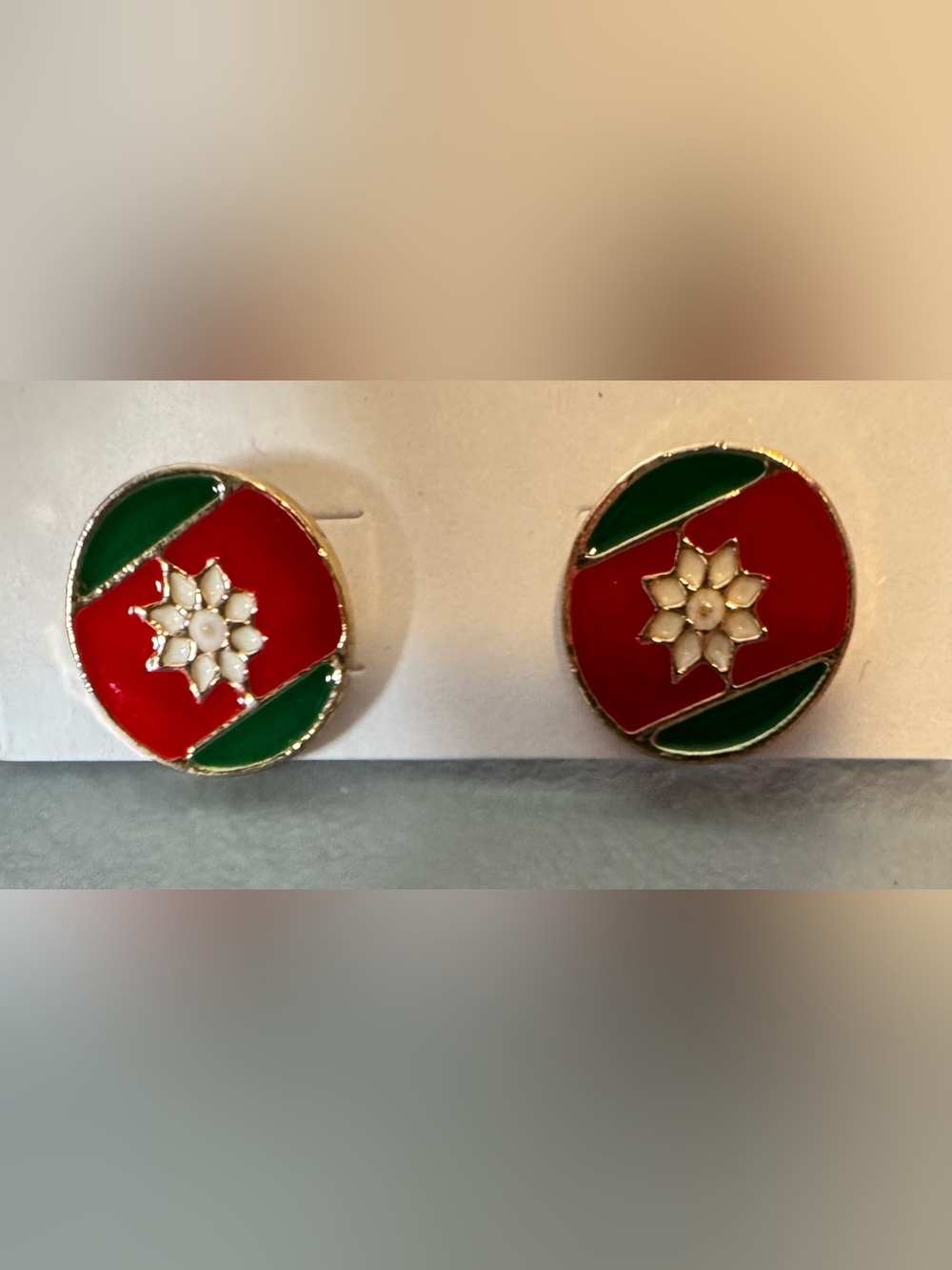 Red and Green Christmas ornament Floral Enamel Stud Earrings festive holiday